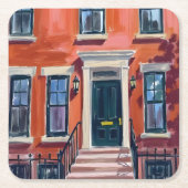Boston Brownstones Massachusetts Watercolor スクエアペーパーコースター (正面)