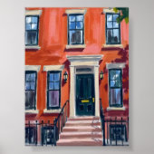 Boston Brownstones Massachusetts Watercolor Art ポスター (正面)