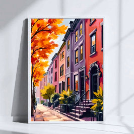 Boston Brownstones Watercolor Massachusetts ポスター