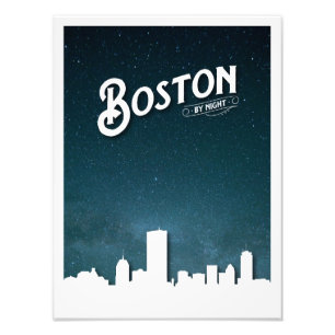 Boston by Night Skyline - Boston、Machusetts、U フォトプリント