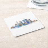 Boston City Skyline Watercolor | Modern Boston MA  スクエアペーパーコースター (アングル)