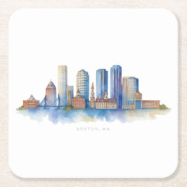 Boston City Skyline Watercolor | Modern Boston MA  スクエアペーパーコースター