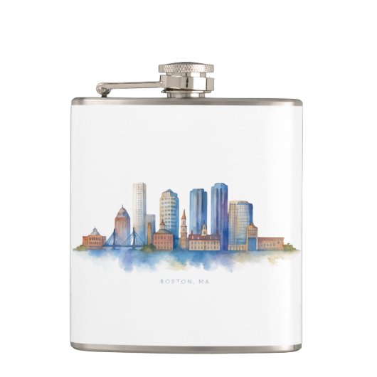 Boston City Skyline Watercolor | Modern Boston MA  フラスク (正面)