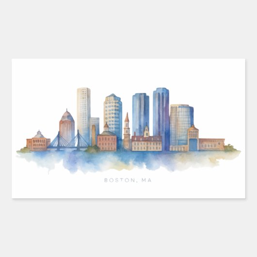 Boston City Skyline Watercolor | Modern Boston MA  長方形シール (正面)