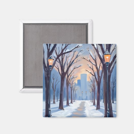 Boston Common Winter Snowfall Watercolor マグネット (正面/裏面)