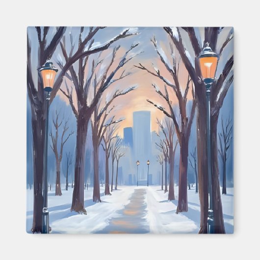 Boston Common Winter Snowfall Watercolor マグネット (正面)