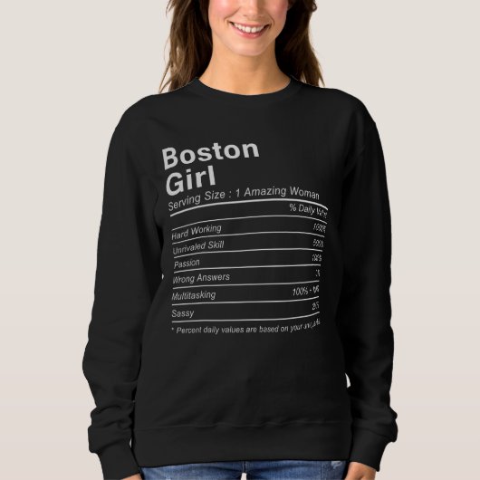 BOSTON GIRL MA MASSACHUSETTS Nutrition Facts City スウェットシャツ (正面)