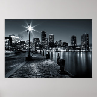 Boston Harbor B&W Night Poster ポスター