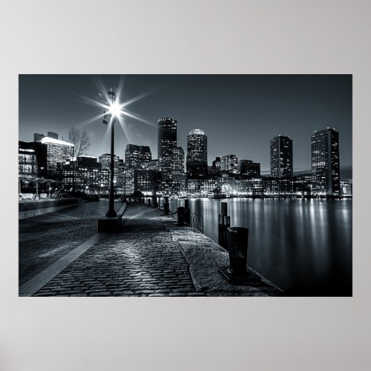 Boston Harbor B&W Night Poster ポスター (正面)