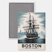 Boston Harbor Retro Illustration Tall Ship Classic マグネット (正面/裏面)