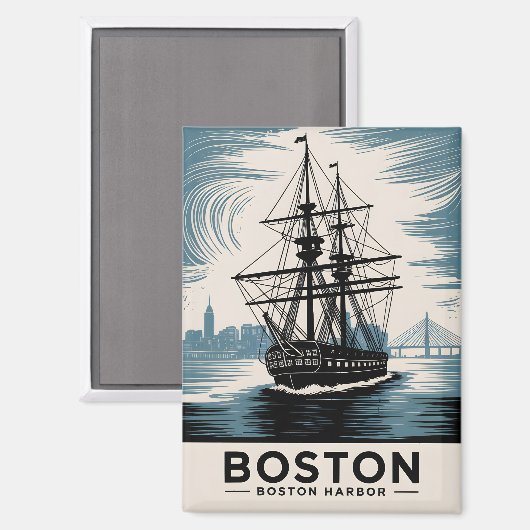 Boston Harbor Retro Illustration Tall Ship Classic マグネット (正面/裏面)