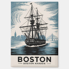 Boston Harbor Retro Illustration Tall Ship Classic マグネット