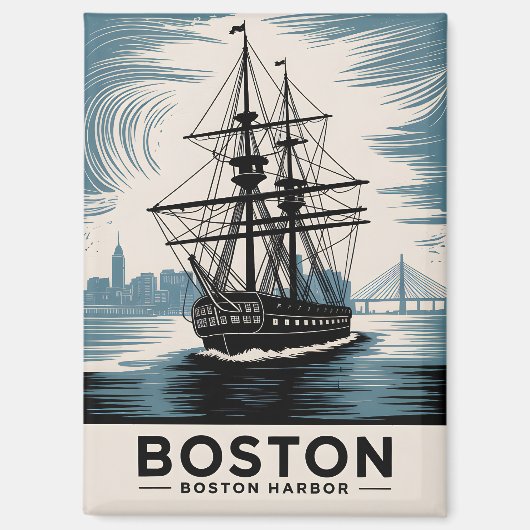 Boston Harbor Retro Illustration Tall Ship Classic マグネット (正面)