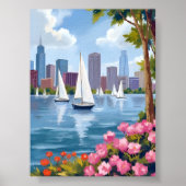 Boston Harbor Spring | Boat Bay City Skyline ポスター (正面)