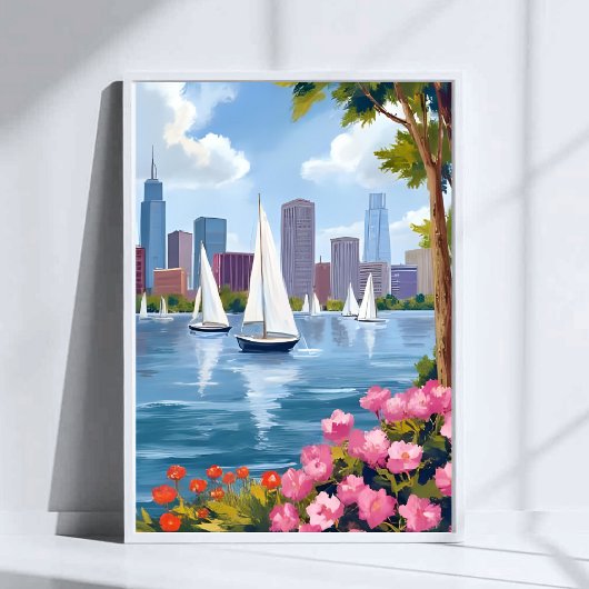 Boston Harbor Spring | Boat Bay City Skyline ポスター