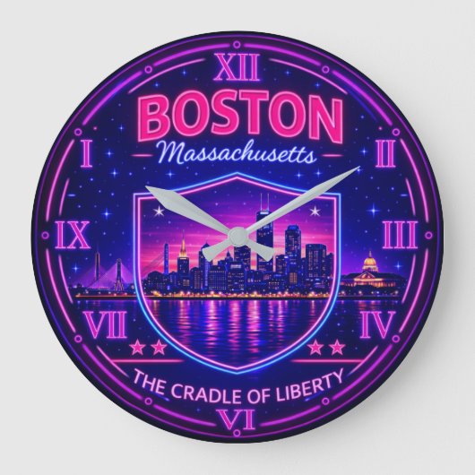 Boston Massachusetts Harbor Skyline ラージ壁時計 (正面)
