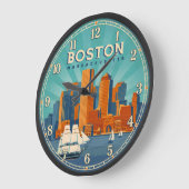 Boston Massachusetts Harbor Skyline ラージ壁時計 (傾斜)