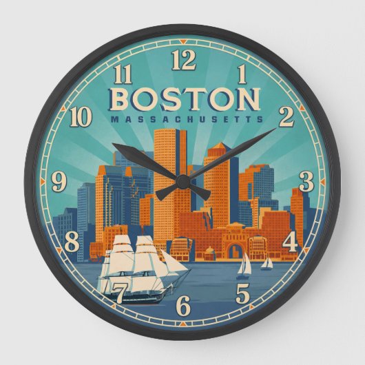Boston Massachusetts Harbor Skyline ラージ壁時計 (正面)