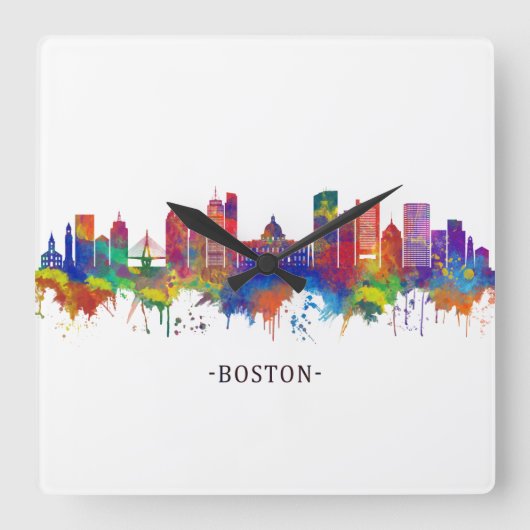 Boston Massachusetts Skyline スクエア壁時計 (正面)