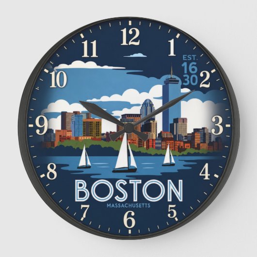 Boston Massachusetts Skyline ラージ壁時計 (正面)