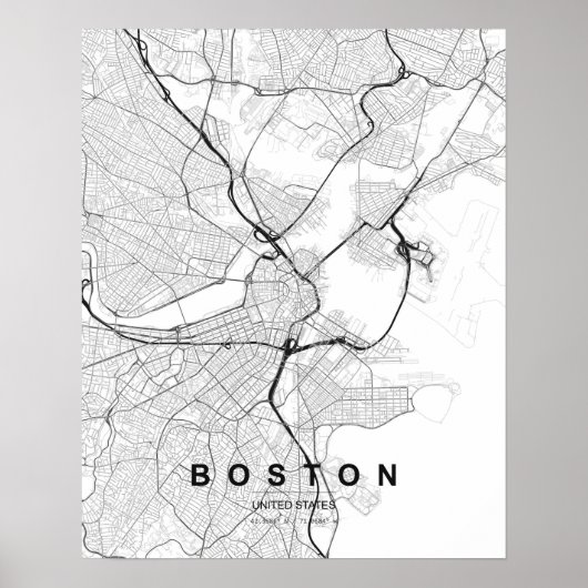 Boston Minimalist Map (Black & White) ポスター (正面)