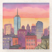Boston North End Watercolor MA Cityscape ガラスコースター (正面)