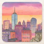 Boston North End Watercolor MA Cityscape スクエアペーパーコースター (正面)