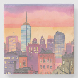 Boston North End Watercolor MA Cityscape ストーンコースター