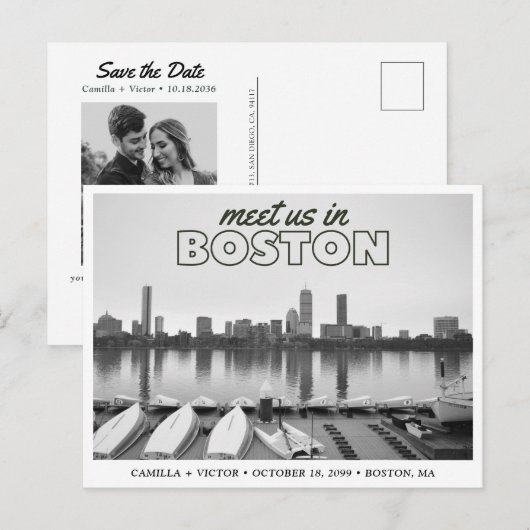 Boston Save the Date Retro Skyline Postcard ポストカード (正面/裏面)