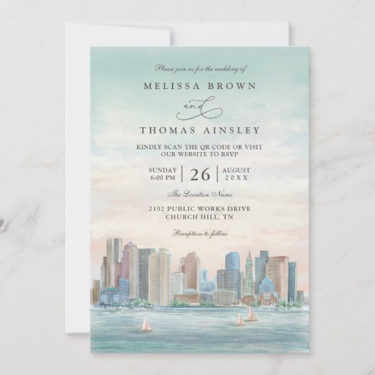 Boston Skyline Destination Elegant QR Code Wedding 招待状 (正面)