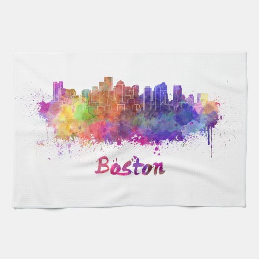 Boston skyline in watercolor キッチンタオル (横)