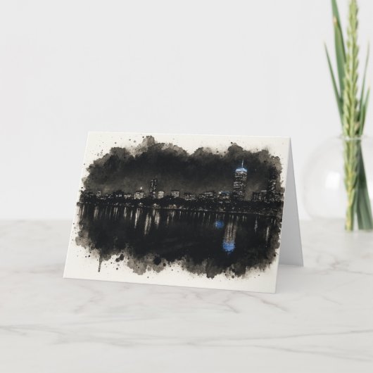 Boston Skyline Watercolor Night Greeting Card カード (正面)