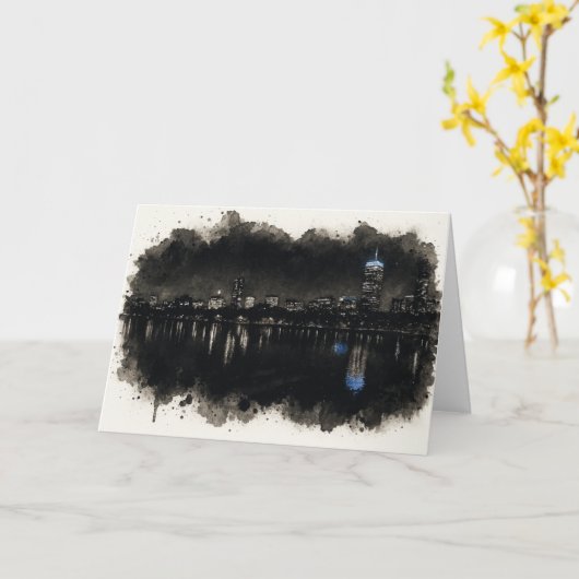 Boston Skyline Watercolor Night Greeting Card カード (黄色い花)