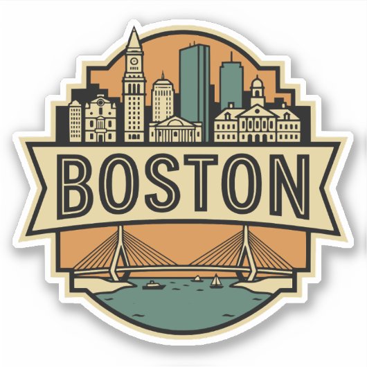Boston Skyline Zakim Bridge Retro Travel Badge シール (正面)