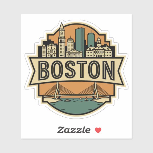 Boston Skyline Zakim Bridge Retro Travel Badge シール (シート)