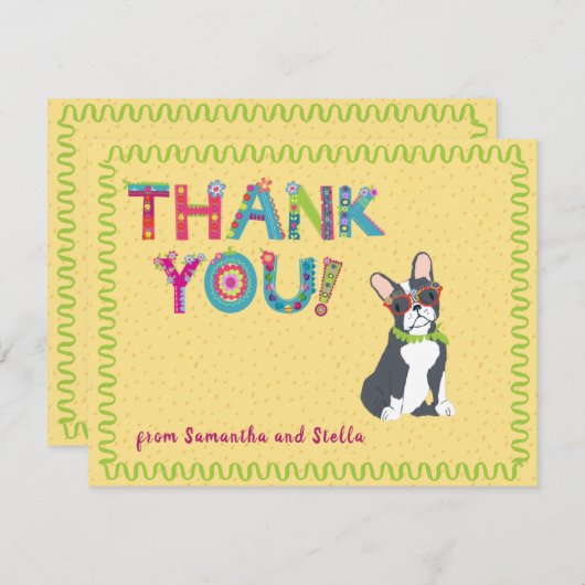 Boston Terierおもしろいカラフルフローラ文字 サンキューカード (正面/裏面)