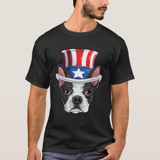Boston Terrier 4th of July Uncle Sam Kids Boys Ame Tシャツ (正面)