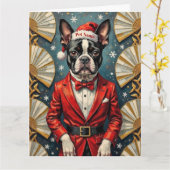 Boston Terrier Art Deco Christmas Tuxedo Hat カード (黄色い花)