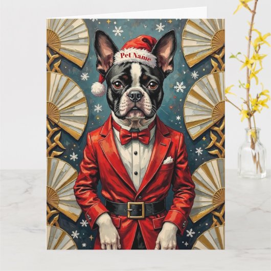 Boston Terrier Art Deco Christmas Tuxedo Hat カード (黄色い花)