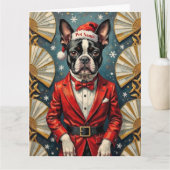 Boston Terrier Art Deco Christmas Tuxedo Hat カード (正面)
