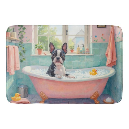 Boston Terrier Bath Time Cute Bathroom Decor バスマット (正面)