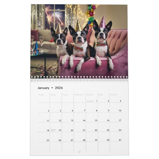 Boston Terrier Calendar カレンダー (1月 2026)