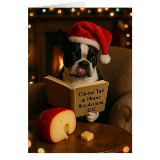 Boston Terrier 'Cheese Tax' Christmas card (正面)