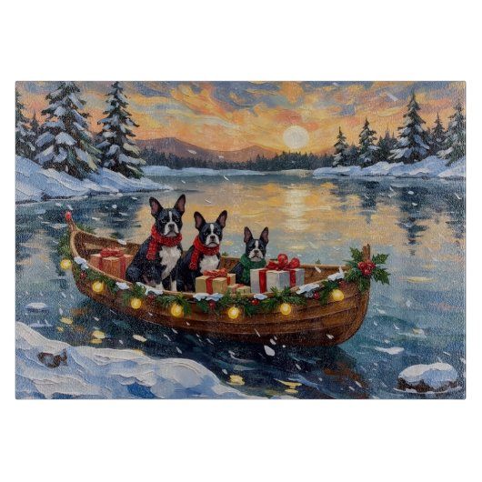 Boston Terrier Christmas Boat Holiday カッティングボード (正面)