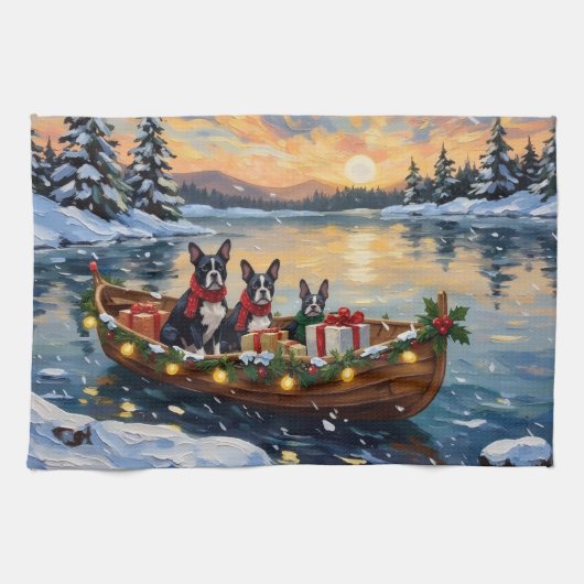 Boston Terrier Christmas Boat Holiday キッチンタオル (横)