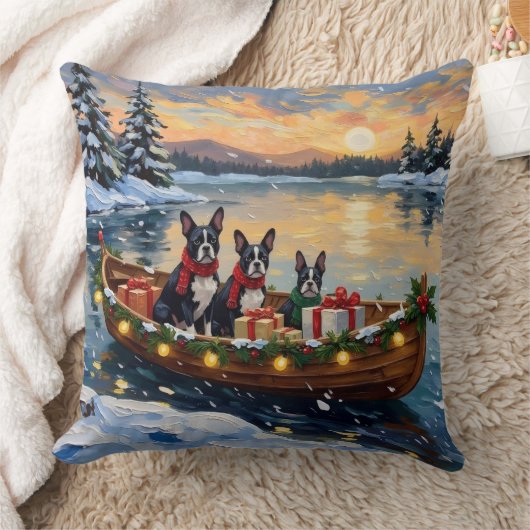 Boston Terrier Christmas Boat Holiday クッション (ブランケット)