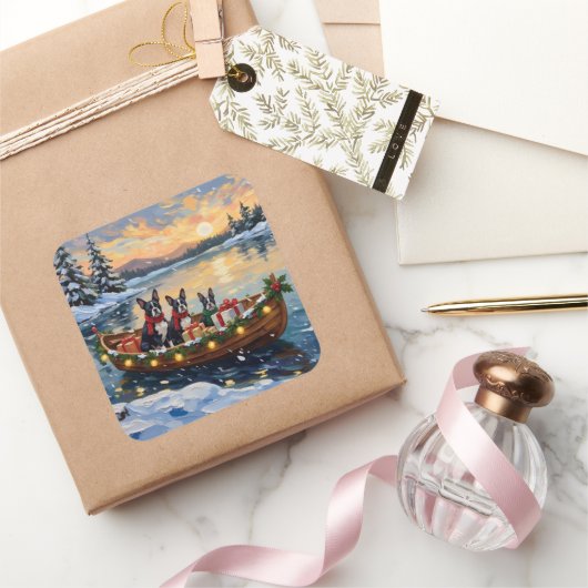 Boston Terrier Christmas Boat Holiday スクエアシール (ギフト)
