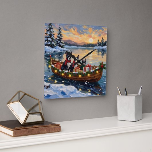 Boston Terrier Christmas Boat Holiday スクエア壁時計 (オフィス)
