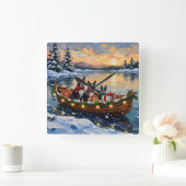 Boston Terrier Christmas Boat Holiday スクエア壁時計 (ホーム)