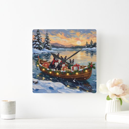 Boston Terrier Christmas Boat Holiday スクエア壁時計 (ホーム)